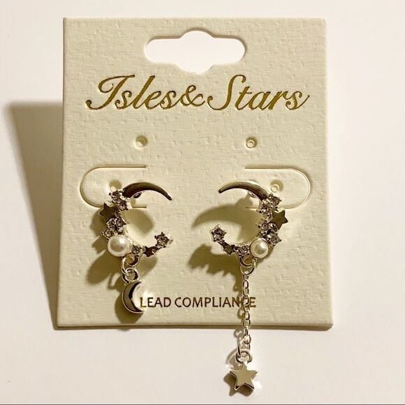 Silver Mini Crescent Moon Chain Earrings - Picture 1 of 7